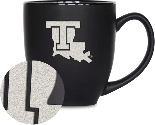 Rico Industries - Taza de cerámica mate negra con grabado láser estándar de 15oz para NCAA (escuelas T & U) - Para bebidas calientes o frías