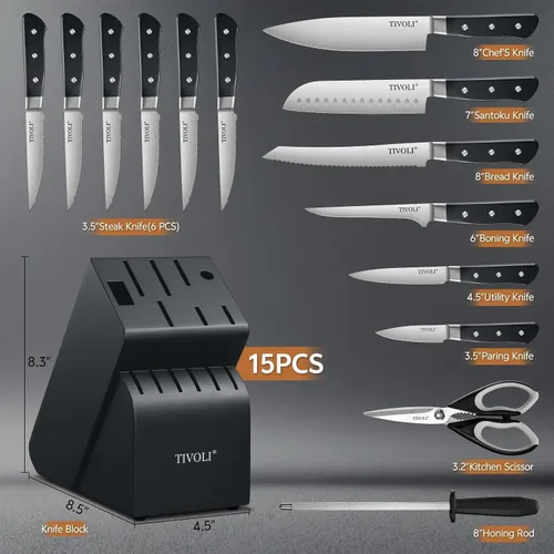 Miniatura 6 de TIVOLI Juego de 15 cuchillos de cocina de acero inoxidable de alto carbono con bloque y barra de afilado, juego de cuchillos negros afilados de alta