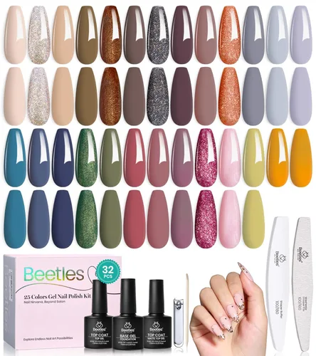 Miniatura 26 de Beetles - Set de 20 esmaltes de gel p/decoración de uñas, colección Fall Yard, purpurina naranja/marrón/rojo/azul marino, semipermanente, LED c/capa