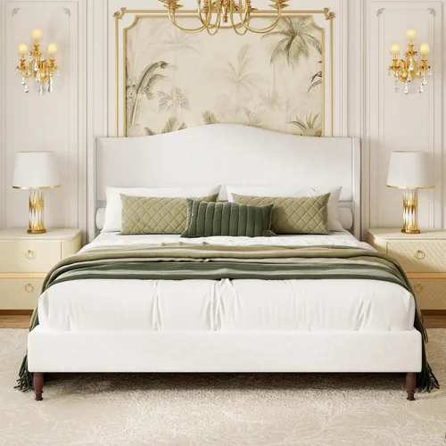 Miniatura 11 de Base de cama tapizada tamaño Queen, cabecera de tela de felpilla de 51 pulgadas de alto con diseño clásico de respaldo curvado de alas, patas