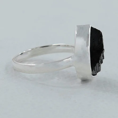 Miniatura 3 de Jaipur Silver Jewels - Anillo de rebanada de turmalina negra sin cortar crudo, anillo de plata liso en forma de pera, la mejor joyería de regalo