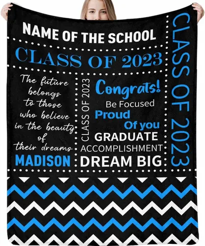 Miniatura 6 de Decoraciones de graduación 2023, manta de regalo para ella, él, felicitaciones 2023, azul oscuro, manta de graduado con nombre personalizado, No.11
