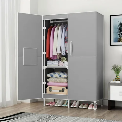 Miniatura 3 de Organizador portátil de ropa de 34 pulgadas, simple no tejido, armario de almacenamiento de ropa multifuncional con cubierta y barra para colgar Gris