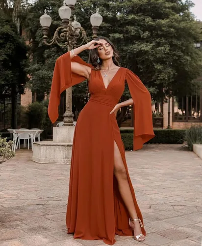 Miniatura 2 de Vestido de dama de honor de manga larga con tapa para mujer, vestido formal de gasa plisada larga con abertura alta