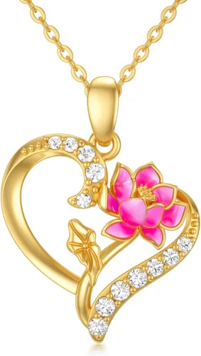 Miniatura 32 de Collar de flor de nacimiento de oro real de 14 quilates para mujer, oro amarillo creado moissanita con colgante de corazón, collares