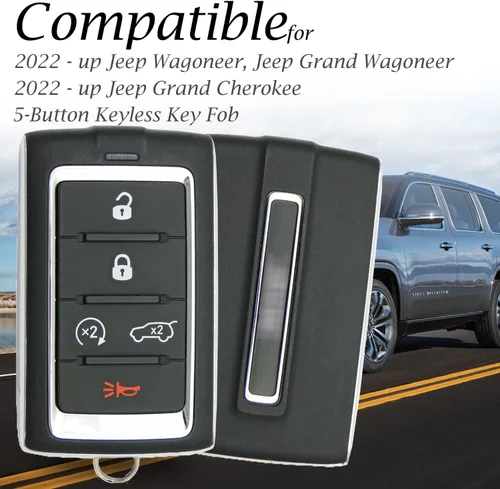 Miniatura 5 de Vitodeco Funda de cuero genuino para llavero inteligente compatible con Jeep Wagoneer, Grand Wagoneer, Grand Cherokee 2022-2025 (5 botones, negro)