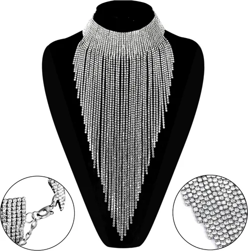 Miniatura 5 de Flyonce - Collar con diamantes de imitación para mujer, gargantilla con borla estilo pechera, joyería para fiesta formal