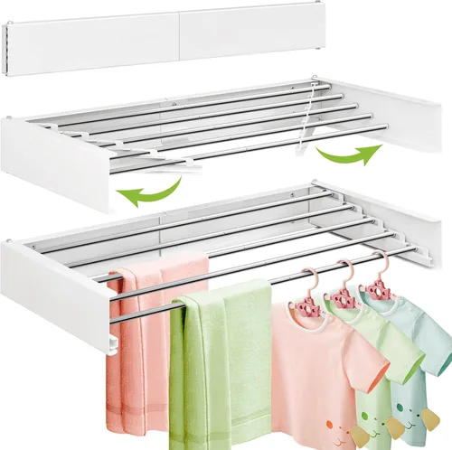 Miniatura 10 de ZdwCyl Tendedero de secado de ropa, montaje en pared, ahorro de espacio, retráctil, plegable (tres pliegues), para balcón, lavandería, baño
