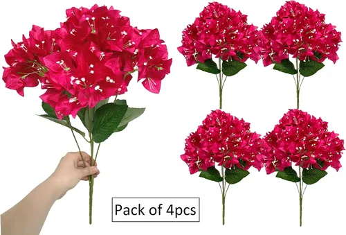 Miniatura 3 de Juego de 4 ramos de flores artificiales de seda de buganvilla, flores ricas para decoración del hogar, jardín, boda, arbustos de flores sintéticas