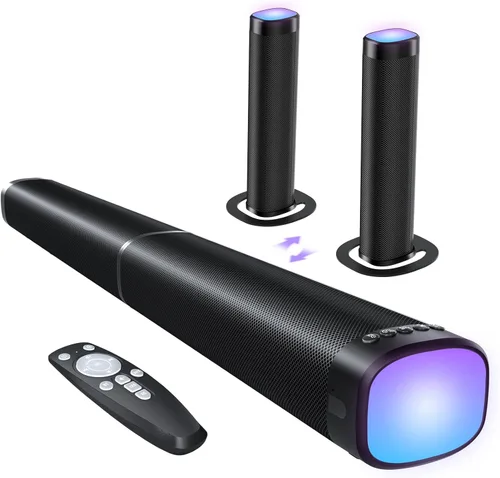 Barra de sonido para Smart TV, barra de sonido de 100 W con 3 luces RGB dinámicas, Bluetooth 5.3, conexión ARC/Opt/AUX, volumen dinámico 3 modos de
