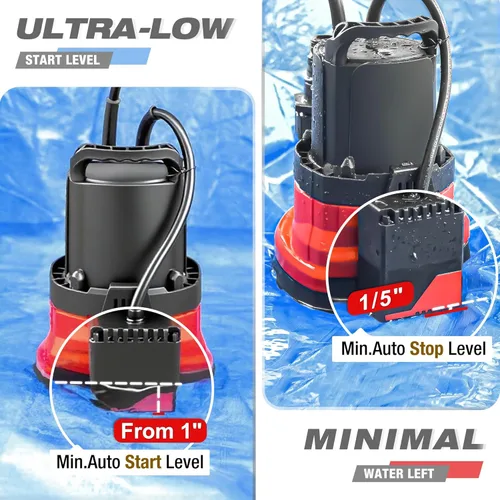 Miniatura 3 de MEDAS Bomba sumergible automática de 1/3 HP 2450 GPH, encendido/apagado automático con sensor inteligente, drena a 0.04 pulgadas, bomba de agua