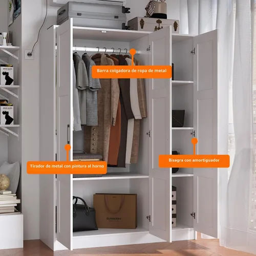 Miniatura 5 de Armario de Guardarropa de 3 Puertas de Madera, Armario de Vestir Blanco de Almacenamiento para Colgar Ropa, Armario Independiente de Gran Capacidad
