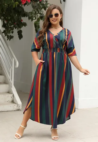 Miniatura 2 de Nemidor NEM403 - Vestido largo acampanado con cuello en V y estampado bohemio para mujer, talla grande, con bolsillo