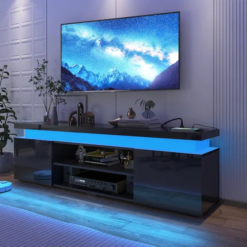 Hlivelood Soporte de TV LED para TV de 75 pulgadas, moderno soporte de TV con toma de corriente, consola de TV de alto brillo con almacenamiento y