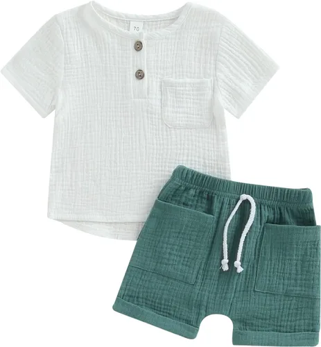Hnyenmcko Conjunto de 2 piezas de camiseta de manga corta con bloques de color y pantalones cortos para bebés y niños pequeños