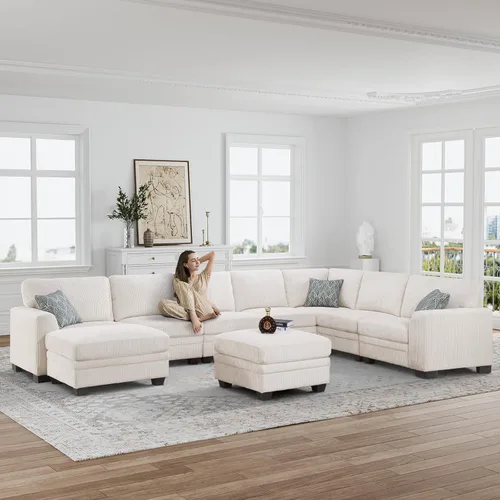 Miniatura 3 de Legend Vansen - Sofás seccionales para sala de estar, sofá en forma de L de corduroy con otomana para sala de estar, dormitorio y apartamento Crema