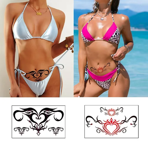 Miniatura 3 de Tatuajes temporales de ombligo sexy, 20 hojas, grandes, de encaje negro, rojo, abdomen, cintura impermeable, tatuajes para mujeres y niñas, tatuajes