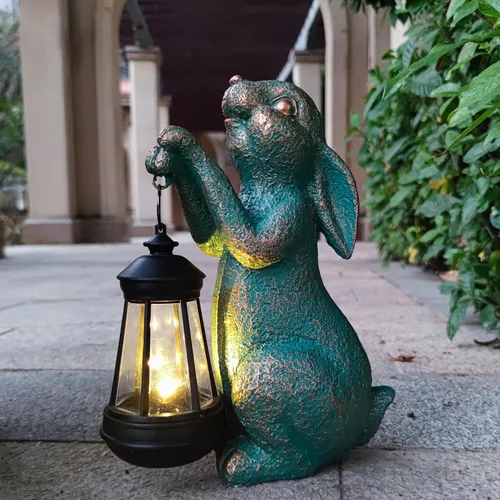 JOYBEE - Estatuas de jardín de conejo con linterna solar para decoración al aire libre, figuras solares de conejo, decoraciones de luces para patio,