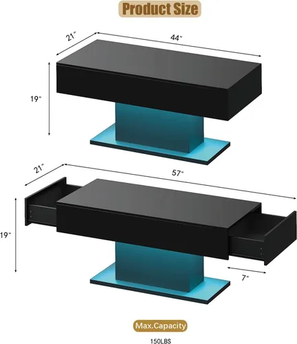 Miniatura 2 de HedoAjim - Mesa de café negra con LED y 2 cajones de almacenamiento para sala de estar, mesa rectangular de centro para sala de estar, mesas de café