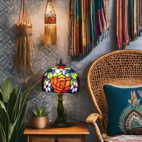 Miniatura 7 de Tiffany Style Lamp Rose Flower Lámpara de mesa de vidrieras rosa roja 8 x 8 x 14 pulgadas lámpara de escritorio de oficina en casa luces decorar