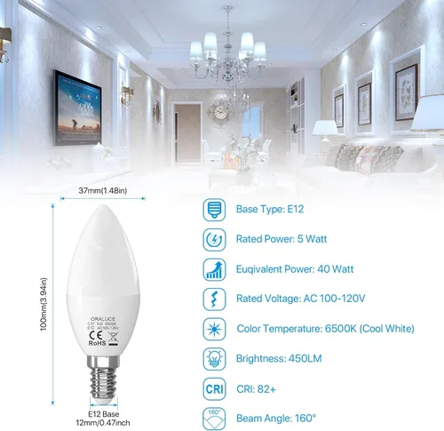 Miniatura 2 de ORALUCE Bombillas LED E12 para candelabro, equivalente a 40 W, bombillas de araña blancas frías de 6500 K no regulables, bombilla tipo B