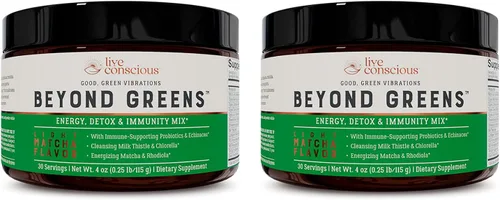 Live Conscious Beyond Greens - Superalimento concentrado en polvo, sabor matcha con clorella, equinácea, probióticos para apoyo inmunológico y
