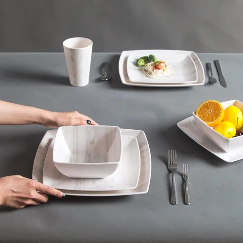 Miniatura 7 de Juego de vajilla de melamina de 16 piezas con aspecto de madera, tazas cuadradas, vasos de madera de grano de madera, platos de plástico