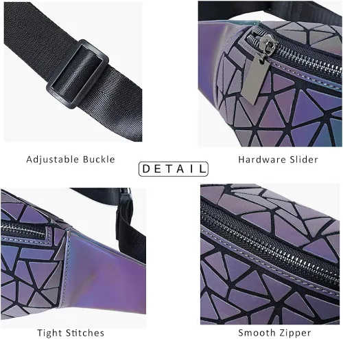 Miniatura 5 de Riñoneras para mujeres y hombres, bolsa holográfica luminosa para el pecho, paquete de cintura geométrica para viajes, festivales, correr, deportes
