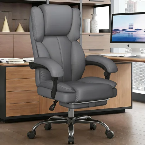 Silla de oficina grande y alta, silla ejecutiva de escritorio de oficina en casa, silla de computadora de cuero con reposapiés retráctil,
