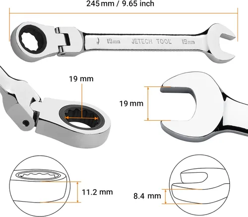 Miniatura 2 de Jetech - Llave de trinquete de 19 mm con cabeza flexible: Llave de caja de 12 puntas Llave de combinación de trinquete métrica, cromo vanadio