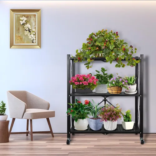 Miniatura 5 de Soporte de metal para plantas, estante plegable de 3 niveles para flores