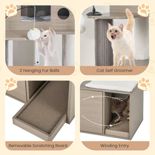 Miniatura 9 de Tangkula Árbol para gatos con caja de arena, torre para gatos con caja de arena, condominio para gatos, tabla de rascar, perca de felpa suave, bolas