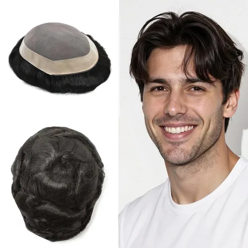 Miniatura 62 de Tupé para hombre, pieza de cabello humano real, monofilamento, tupé para hombres, postizos, unidades de sistema de reemplazo de cabello, gris