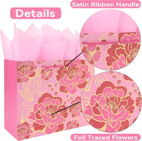 Miniatura 4 de Juego de Bolsa de Regalo Rosa Grande de 13" con Tarjeta de Felicitación y Papel de Seda (Flores con Trazos de Papel Aluminio) para Celebrar Rosa