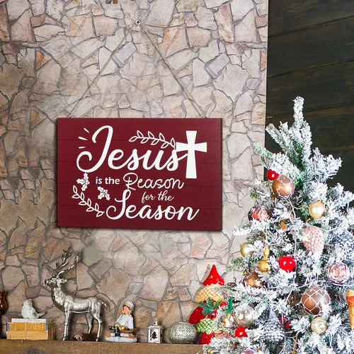 Miniatura 5 de Letrero colgante de madera de Jesús con la frase "Jesús es la razón de la temporada", decoración de pared para árbol de Navidad, decoración de pared