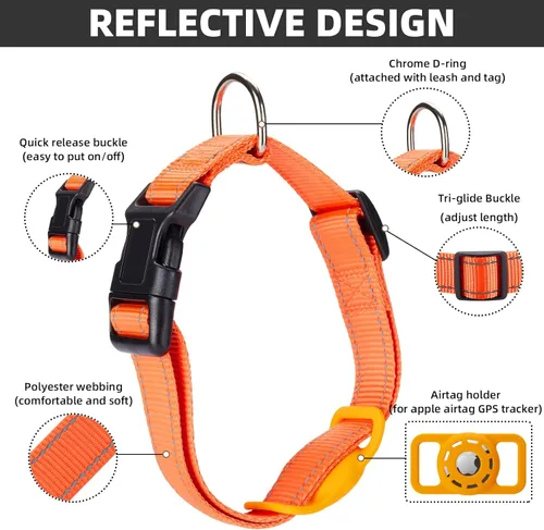 Miniatura 7 de Collar reflectante para perro, compatible con AirTag, collar de nailon para perros pequeños, medianos, grandes y extra grandes Naranja