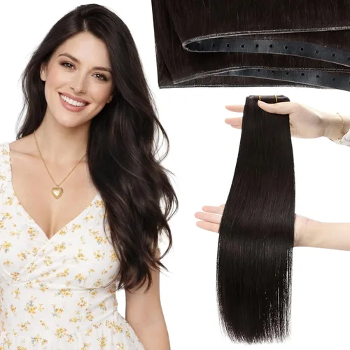Miniatura 20 de Moresoo - Extensiones de cabello humano real cosidas, Remy, lacio, doble trama, color negro jet, 14 pulgadas, 3.53 onzas
