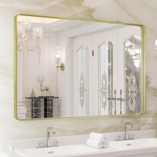 WEER - Espejo de baño dorado, espejo de marco de metal dorado cepillado de 40x30 pulgadas, espejo de tocador de baño de oro con forma de rectángulo