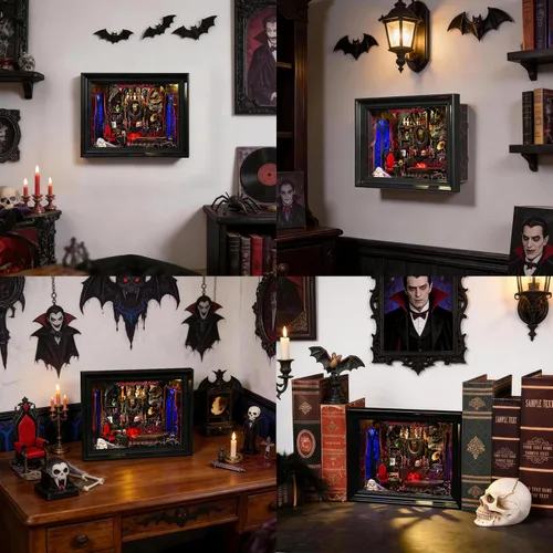 Miniatura 7 de Kit de rincón de libros, rompecabezas de madera 3D con control de interruptor LED y marco para montar en pared, casa en miniatura
