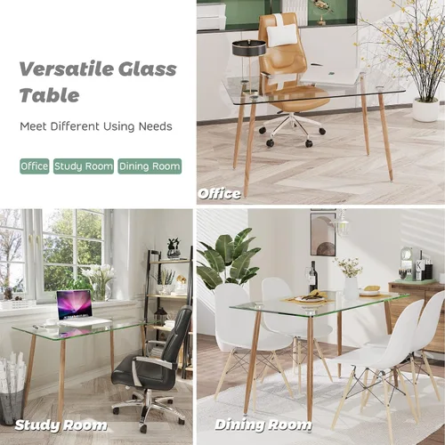 Miniatura 6 de Moccha - Mesa de comedor de cristal de 51 pulgadas, mesa rectangular moderna con amplia mesa de vidrio templado y patas de metal de grano de madera