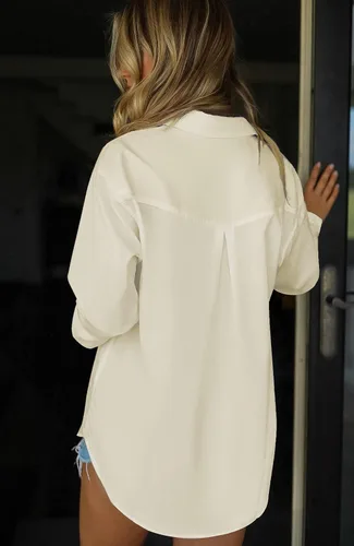 Miniatura 5 de HOTOUCH Camisas de gran tamaño con botones para mujer, blusa de hombro caída para oficina, de manga larga, estilo novio, camisa de vestir