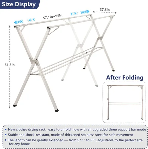 Miniatura 2 de Estante de secado de ropa plegable de 95 pulgadas, estante de secado de ropa de acero inoxidable resistente para interiores y exteriores, perchero