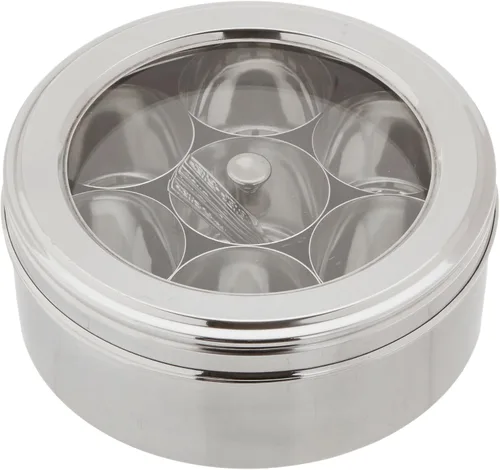 Miniatura 2 de Tabakh Masala Dabba - Caja de acero inoxidable con 7 cucharas, con pantalla transparente y tapa transparente