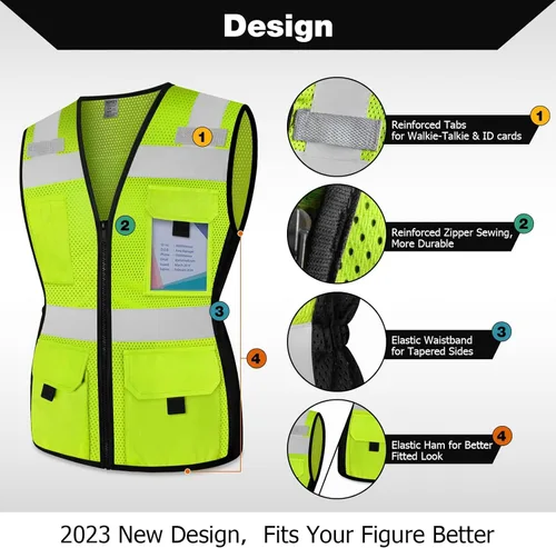 Miniatura 3 de TCCFCCT Chaleco de seguridad para mujer, chaleco reflectante de malla de 11 bolsillos con cremallera, chaleco de trabajo de construcción de neón