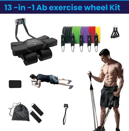 Miniatura 4 de Ab Roller - Equipo de gimnasio en casa – Rodillo muscular de 4 ruedas con pantalla LCD, 5 bandas de resistencia, correas de tobillo, anclaje