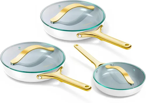 Miniatura 34 de Caraway Dúo de Sartenes de Cerámica con Tapas de Vidrio - Sartenes Antiadherentes (10.5" y 8") - No Tóxico, Libre de PTFE y PFOA - Apto para Horno