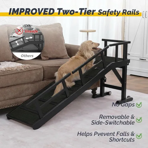 Miniatura 5 de Rampa para perros para cama o sofá, rampa de madera para mascotas con pendiente suave de 20°, rieles laterales extraíbles, superficie