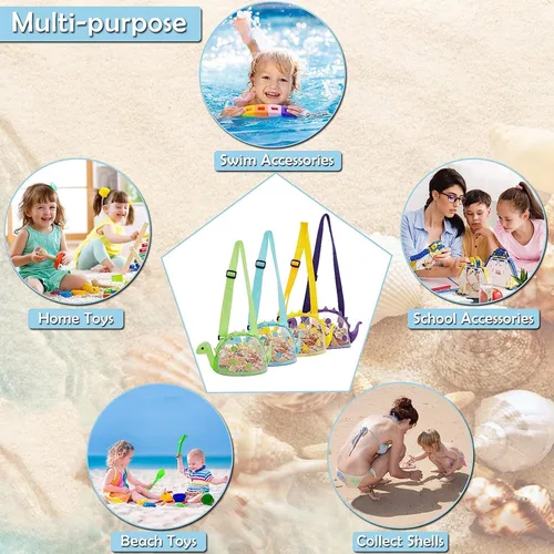 Miniatura 8 de Bolsa de playa de malla de juguete de playa, bolsa de recolección de conchas para niños, bolsa de juguete de playa de dinosaurio para sostener Morado