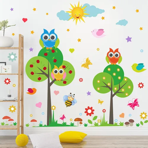 Miniatura 2 de Calcomanía de pared de animales para niños, diseño de flores, pájaros, mariposas, bricolaje, extraíble, despegar y pegar, decoración de árbol verde
