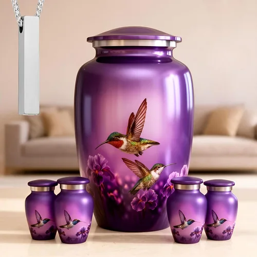 Miniatura 15 de Juego de 6 urnas funerarias decorativas de colibrí para cenizas de adultos hombres y mujeres, incluye 1 urna grande con 4 urnas conmemorativas
